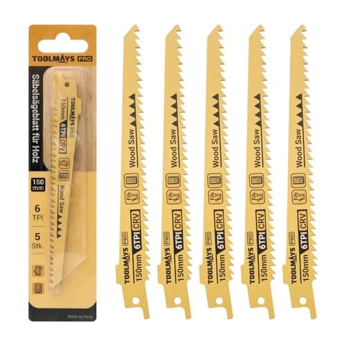 Image of TOOLMAYS 5-Piece Reciprocating Saw Blades Wood Set, 150 mm 6TPI, Sabre Saw Blades For Wood Cutting, Pruning Reciprocating Saw Accessories, Compatible With Most Reciprocating Saw