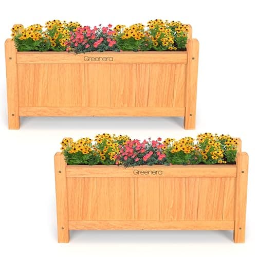 Image of Vivo Technologies Set of 2 Wooden Garden Planters Large Outdoor Flowers Plant Pot Rectangular Garden Planters Planting Raise Bed Patio Decking, 60x20x31 cm, Natural