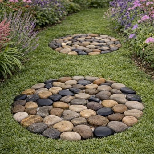 Image of Natural River Pebble Stepping Stones with PVC Mesh Backing, 32cm Diameter, Pack of 2, No Fixing Required for Lawns, Garden Paths and Beds