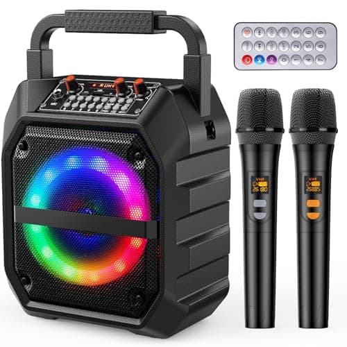Image of PKBD Karaoke Machine with Two Wireless Microphones,Portable Bluetooth Speaker with LED Lights, PA System, Supports TF Card/USB for Adults & Kids, for Girls Boys Families Home Party (Dark Black)
