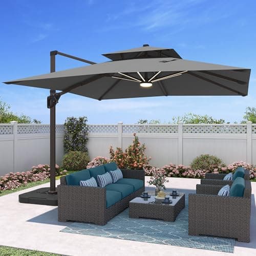 Image of Sumbrellon 3 X 3 M Garden Parasol with Led Lights, Outdoor Large Heavy Duty Rectangular Cantilever Umbrella with 360° Rotation and Tilt Adjustment for Patio Tables, Grey