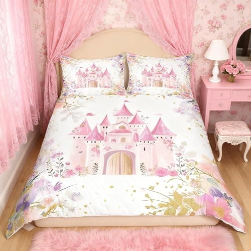 Image of Manfei Pink Castle Kid Duvet Cover Set Single Size, Watercolor Flower Bedding Set for Girl Princess Bedroom Decor, Fairy Tale Garden Floral Comforter Cover, Soft Polyester Quilt Cover, 1 Pillowcase