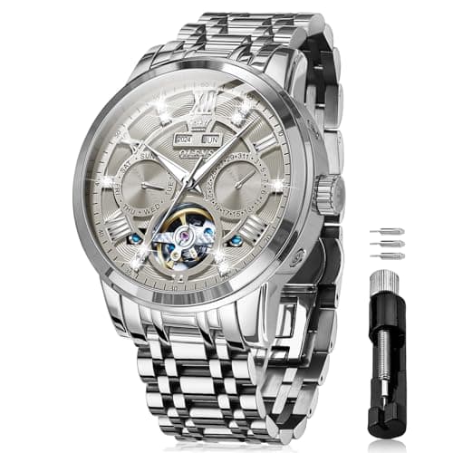 Image of OLEVS Automatic Watches for Men Self Winding Mechanical Skeleton Luxury Dress Stainless Steel Diamond Men Wrist Watches