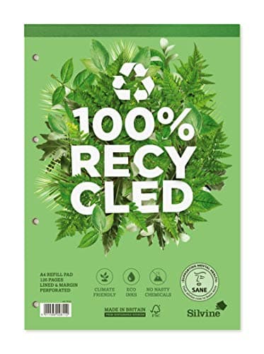 Image of Silvine Ref R101 A4 Premium Recycled Refill Pad. Lined with Margin ,White, 120 Pages of 100% [Pack of 5]
