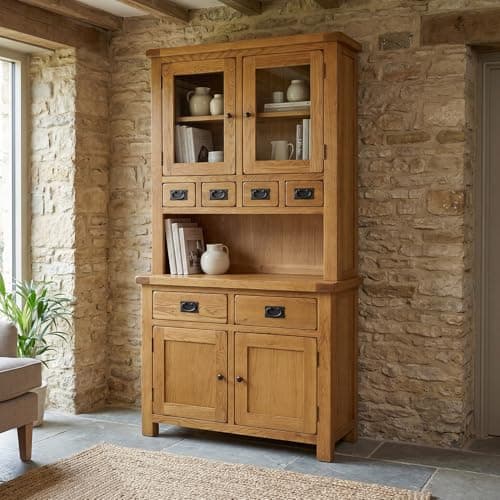 Image of Rustic Oak 2 Door Glazed Dresser | Traditional Solid Oak Kitchen & Dining Room Furniture | Large Storage Drawers & Spice Drawers | Glass Display Cupboard | Solid Wood Sideboard & Hutch