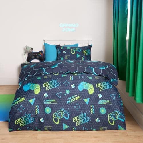 Image of OHS Double Gaming Duvet Set, Ultra Soft Warm Comfy Teenage Boys Bedding Reversible Quilt Covers Gamer Bedding for Kids Duvet Cover with Pillowcases - Green/Blue