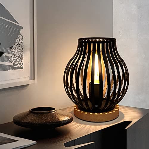 Image of HHMTAKA Metal Cage LED Bedside Table Lamp Wooden Base Black Lamp 20cm High Decorative Bedside Lamp with Edison Bulb for Bedroom Living Room Guest Room Weddings Parties Patio (Pumpkin Shape)
