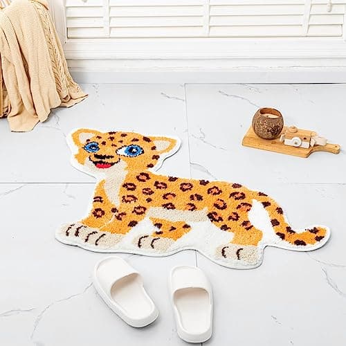 Image of Fun Gold Leopard Bath Mat for Bathroom, Cute Leopard Cartoon Bath Rugs Non Slip Animal Shaped Absorbent Preppy Bathtub Rug Bathroom Decor Aesthetic Plush Shower Rugs Machine Washable 23.6x39.3in
