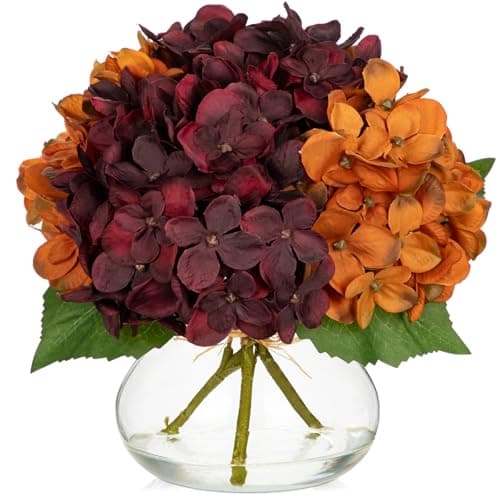 Image of Oairse Autumn Decoartions Artificial Hydrangea Flowers in Glass Vase with Faux Water Silk Faux Flower Arrangement for Home Office Wedding Table Centrepiece Thanksgiving Fall Decor, Red and Orange