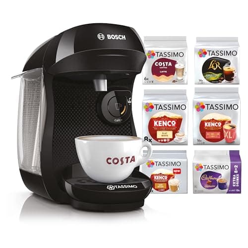 Image of Tassimo by Bosch Happy Friendly Pod Coffee Machine with 70 Drinks Value Starter Bundle, TAS102EGBC - Black
