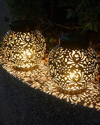 Image of Unique Birthday Gift for Mum, MOXTOYU Solar Lanterns, 2Pack Outdoor Solar Lights with IP44 Water Resistant, Auto On/Off Metal Yard Art Garden Lights for Lawn, Patio (Black)