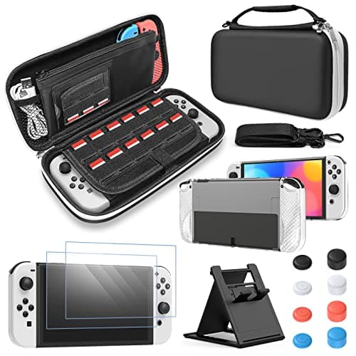 Image of FYOUNG Carry Case for Nintendo Switch OLED Case and Cover Accessories Bundle, Travel Carrying Case Bundle with Switch OLED Protective Case, Screen Protector, Thumb Grip Covers Accessories Kit - Black