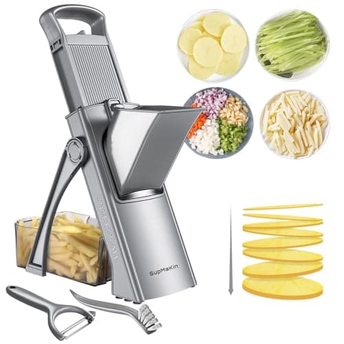 Image of SupMaKin Safe Mandoline Slicer, Upright Handle Vegetable Potatoes Slicer Chopper, Julienne + Dicer, Thickness Adjuster for Kitchen Fast Meal Prep