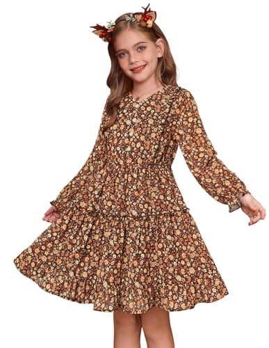 Image of GRACE KARIN Kids Flower Girl Dresses V Neck Long Sleeve Chiffon Midi Tiered Dress Dark Brown 10-11 Years