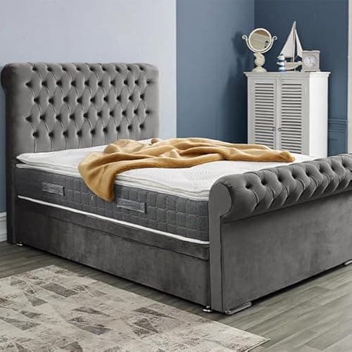 Image of MOORCROFT BEDS 4FT Small Double Chesterfield Sleigh Bed Frame With Headboard Upholstered In Plush Velvet Grey Bed Wooden Slats - No Mattress - No Storage (Grey, 4FT Small Double Frame Only)