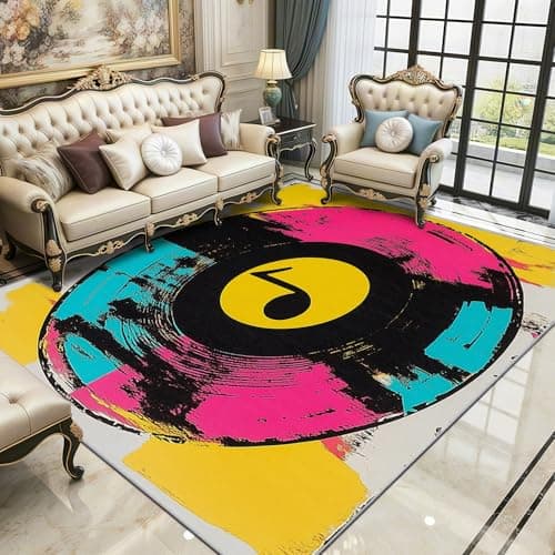 Image of Record Area Rugs for Living Room 120x180 - Music Colourful CD Disc Rug for Bedroom, Musical Musician Non Slip Washable Short Pile Carpet