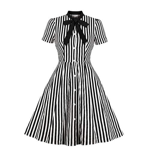 Image of Wellwits Women's Tie Button up Stripes Halloween Costume Gothic Vintage Dress Black M