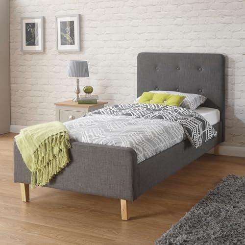 Image of GFW Ashbourne Grey Fabric Modern Buttoned headbord Bedframe light oak effect legs Single 3ft Bed