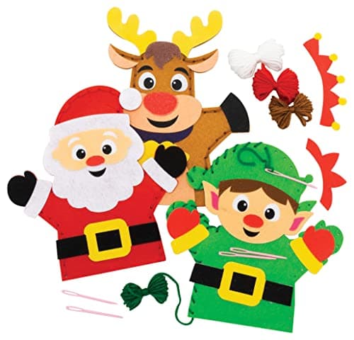 Image of Baker Ross FC157 Christmas Hand Puppet Kits - Pack of 4, Puppets for Children, Storytelling Arts and Crafts for Kids, Great for Parties, Schools and Bedtime Stories,21cm-23cm