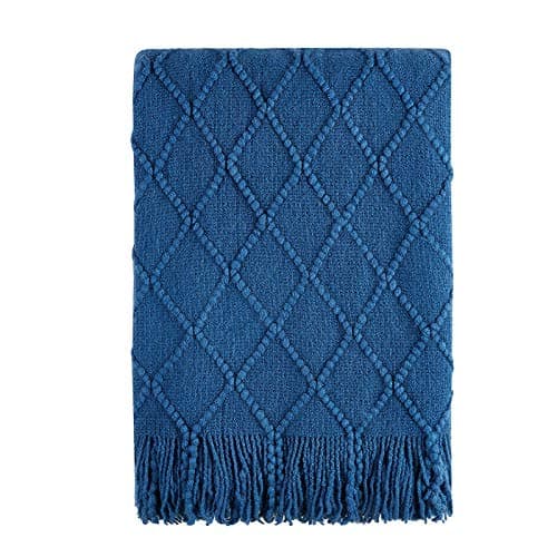 Image of BOURINA Textured Solid Soft Sofa Throw Couch Cover Knitted Decorative Blanket,Royal Blue, 127x152cm
