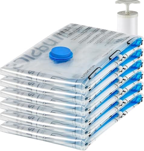 Image of Amazon Basics Vacuum Compression Zipper Storage Bags with Airtight Valve and Hand Pump, Jumbo, 6-Pack, Clear