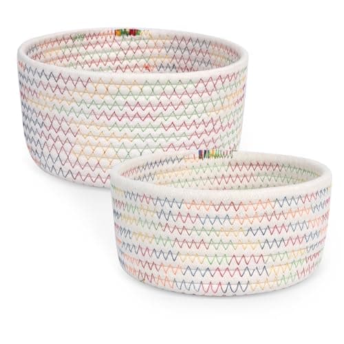 Image of Minicoco 2 Pcs Rainbow Basket Woven Cotton Rope Storage Baskets Toy Storage Woven Basket for Baby Nursery Bathroom Cupboards Closets