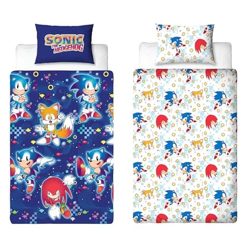 Image of Sonic The Hedgehog Official Single Duvet Cover Set | Liquid Design Reversible 2 Sided Bedding Including Matching Pillow Case | Gaming Single Bed Set Blue with Tails and Knuckles