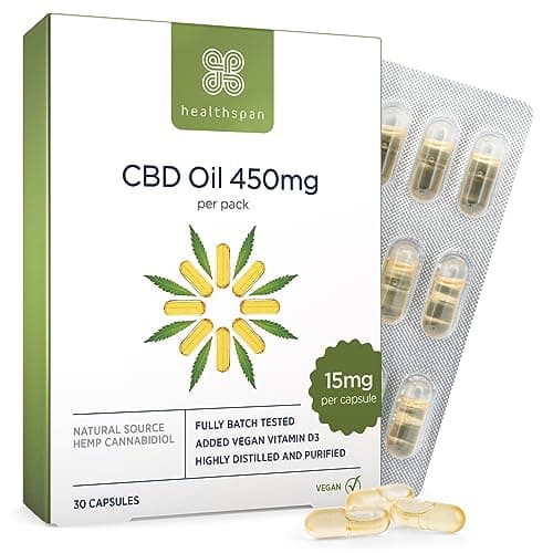 Image of Healthspan CBD Oil Capsules 450mg | 15mg High Strength Pure CBD Oil Capsules | 450 mg CBD per Pack | Eriched with Vitamin D