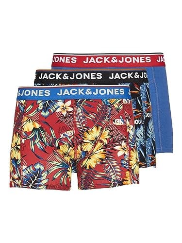 Image of JACK & JONES Men's Jacazores Trunks 3 Pack Noos Boxer Shorts, Black/Pack: pompain red-Blue lolite, L
