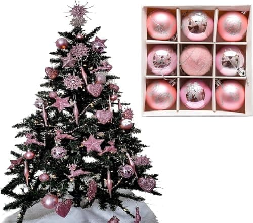 Image of UKDD® Set of 9 Premium Baubles Luxury Christmas Tree Bauble Decorations Matte, Glitter, shiny Baubles (Blush)