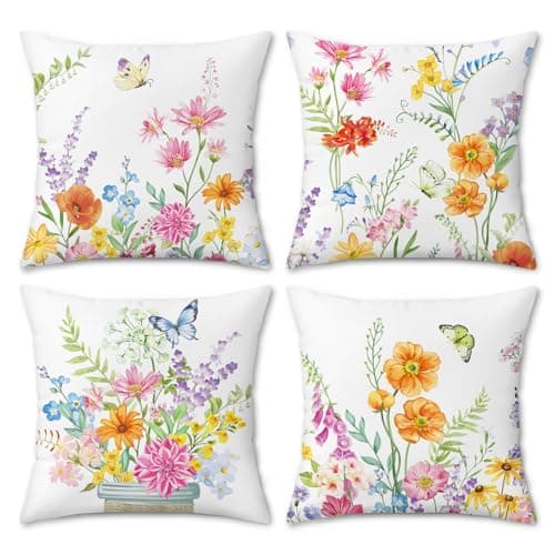 Image of COZZSNUGE Spring Floral Cushion Covers Colorful Garden Flowers Butterfly Poppy Velvet Decorative Pillowcases for Sofa Bed Home Patio 45 x 45 cm Set of 4