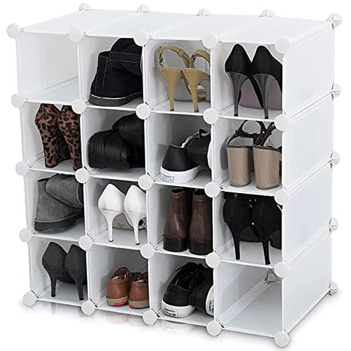 Image of AMOS 16 Pair Interlocking Cube Shoe Storage Rack Organiser with Back Panels Space-Saving Adjustable Modular Slot Shelf Box Unit Boots Trainers Display Stand Holder (White)