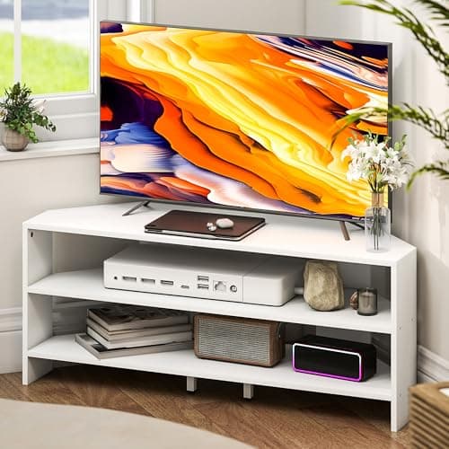 Image of HOMCOM Corner TV Stand for 47 Inch Television, Modern TV Unit with 2 Open Shelves for Living Room, Bedroom, White