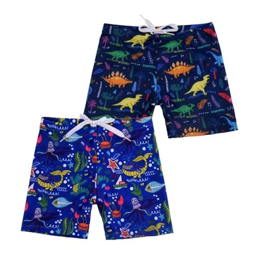 Image of NautySaurs 2-Pack Boys Swimming Trunks Toddler Kids Dinosaur Swim Shorts Cute Shark Clownfish Swimwear, Dinosaurs + Underwater World, 4-5 Years