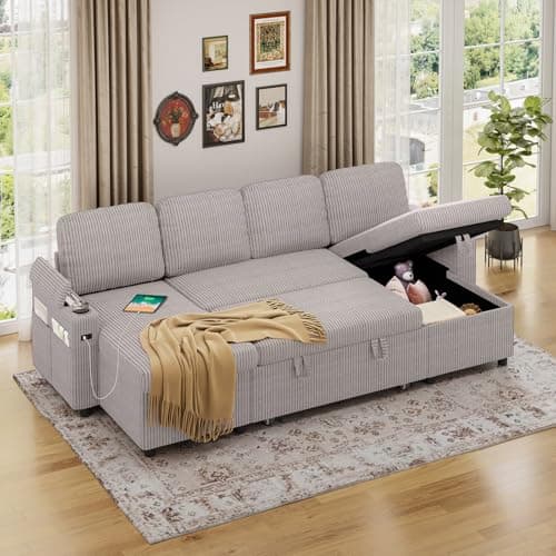Image of Luxstein Corner Sofa Bed, U-Shaped Sleeper Sectional Couch Bed, 3-in-1 Corduroy Convertible Pull Out Sofa Bed with Adjustable Backrest, Storage, USB and Cup Holder for Living Room, Cream