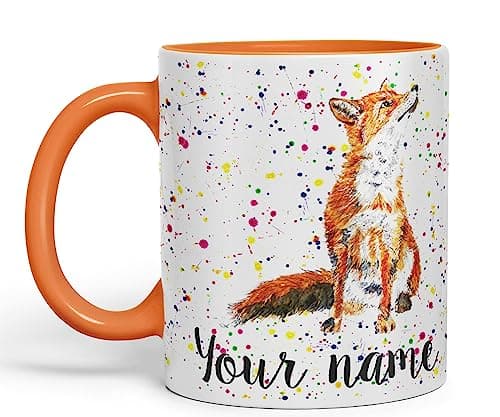 Image of Vixar Personalised with Your Text Fox British Wildlife Animals Watercolour Art Coloured Ceramic Mug Cup Gift 330ml 11oz Custom Work Office Tea Coffee (Orange)