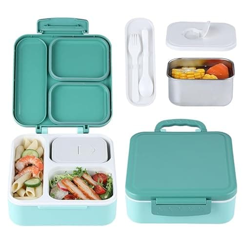 Image of MEEYUU Bento Lunch Box with 330ML Soup Thermo, Kids Leakproof Lunch Food Containers with 3 Compartment, Kids Thermo Insulated Hot Food Jar for School, Trvael (Green)