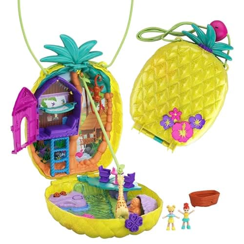 Image of Polly Pocket Micro, Tropical Pineapple Purse, 2-in-1 Purse and Playset with Animal Safari Theme, Toy Accessories, Stickers, 2 Polly Pocket Dolls, Toys for Ages 4 and Up, GKJ64