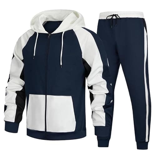 Image of AOTORR Mens Tracksuit Set Full Zip Hooded Jacket Jogging Patchwork Tops Bottoms Sweatshirt Suit Navy White 2XL