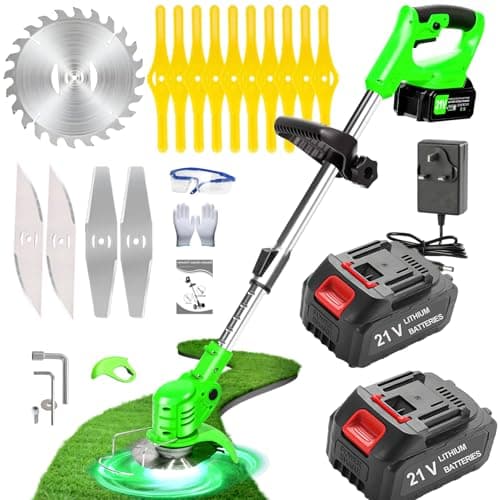 Image of Cordless Strimmer, 21V Battery Strimmer with 2 Battery & Charger, Garden Strimmer Cordless With Metal Blades, Telescopic Lightweight Grass Trimmer Brush Cutter For Gardens, Lawns, Bushes
