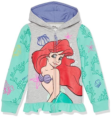 Image of Disney Girls' Toddler Princess Ariel Moana Belle Cinderella Big Face Zip Up Hoodie with Ruffle Hem, Princess Ariel (Grey/Green), 4 Years