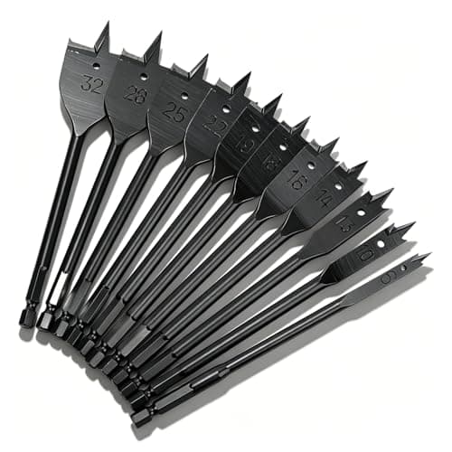 Image of 11PCS 6-32mm Wood Spade Drill Bits Set, 1/4in Hex Shank Flat Drill Bit Professional Spade Hole Drill Bit for Wooden Plywood Chipboards Soft Hard Woods