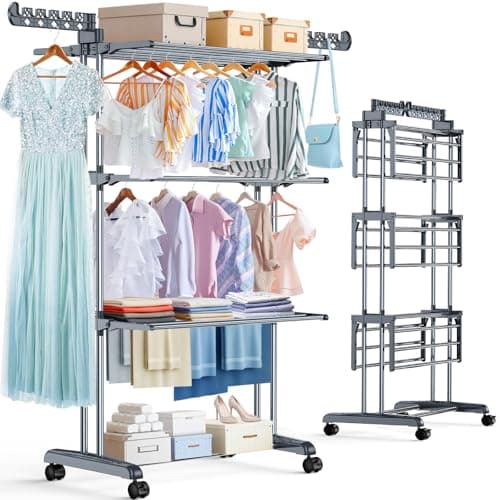 Image of PurKeep Thicken & Durable Clothes Airer, Extra Large 4-Tier Capacity Foldable Clothes Drying Rack with Wheels, Stainless Steel Clothes Horse for Indoor/Outdoor Use in Bedroom, Laundry 50D x 76W x 172H