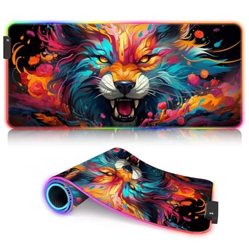 Image of Large Mouse Mat Wolf RGB Gaming Mouse Pad (23.6x13.8x 0.12 inches Extended Mouse Pad with Stitched Edge Non-Slip Rubber Base Washable Resilient 9 static colors and 3 dynamic