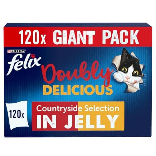 Image of FELIX Doubly Delicious Adult Wet Cat Food Countryside Selection in Jelly Beef, Poultry, Chicken, Kidney, Lamb, Turkey, Liver 120 x 85g Pouches