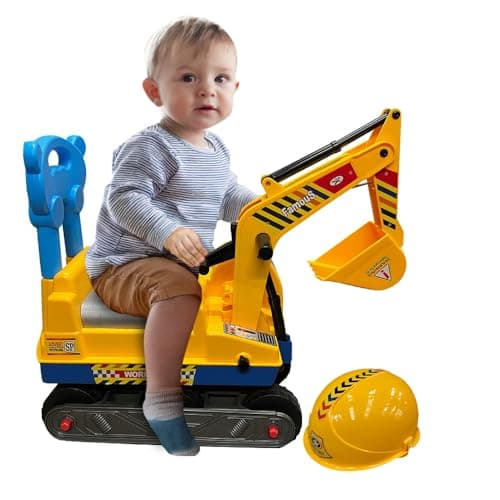 Image of Ride on Excavator Digger - Pretend Construction Play with Manual Shovel | Foot-To-Floor Ride-On Toy Scooter for Kids | Xmas Present with Back Support