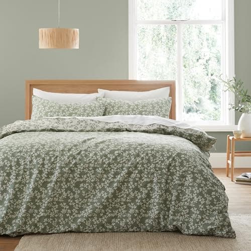 Image of Bianca Shadow Leaves 200 Thread Count Cotton Reversible Single Duvet Cover Set with Pillowcase Green