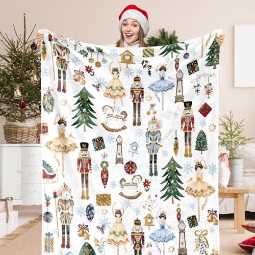Image of JarThenaAMCS Christmas Fuzzy Blanket White Nutcracker Throw Blanket 60 x 70 Inch Cartoon Xmas Flannel Blanket for Winter Home Chair Sofa Bed Couch