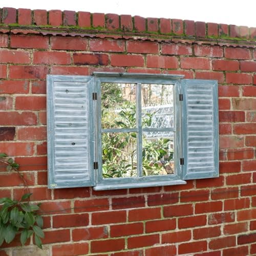 Image of Melody Maison Distressed Green Shutter Style Garden Wall Mounted Mirror 60cm x 70cm