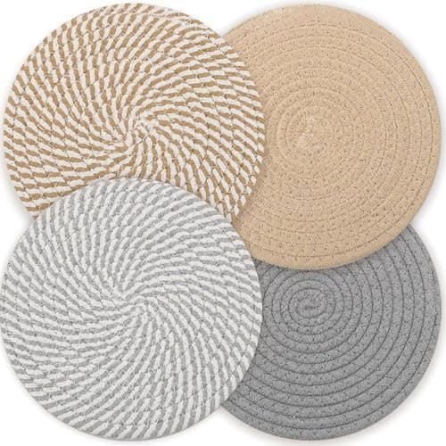 Image of 20CM Placemats Set of 4, Round Cotton Braided Woven Placemats, Heat Resistant Grey placemats, Washbale placemat and Coasters for Kitchen Dining Table Home Restaurant